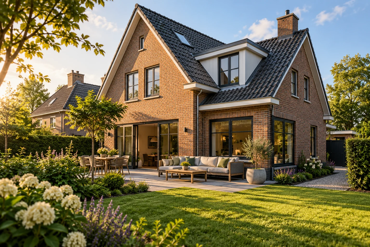 Sfeerbeeld van een Nederlandse bakstenen woning met een groene tuin